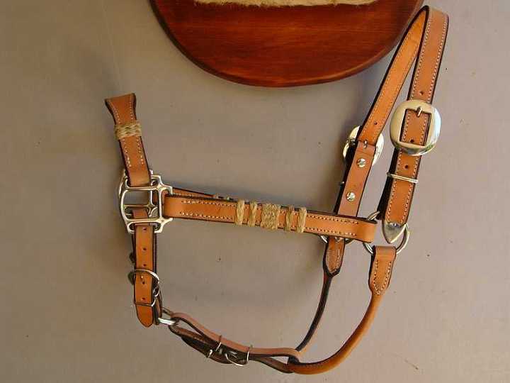 halter rawhide knots-1.jpg - Natural leather halter with rawhide braided knots.